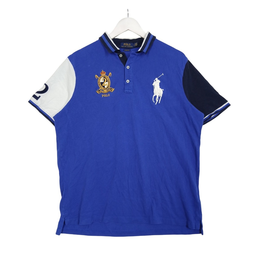 Polo Ralph Lauren Mens Large Classic Fit Blue Colorblock Big Pony Polo Shirt